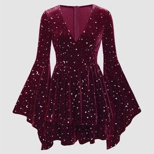 CIDER RED VELVET V-NECK STAR & MOON PATTERN BELL SLEEVE ROMPER 🌟